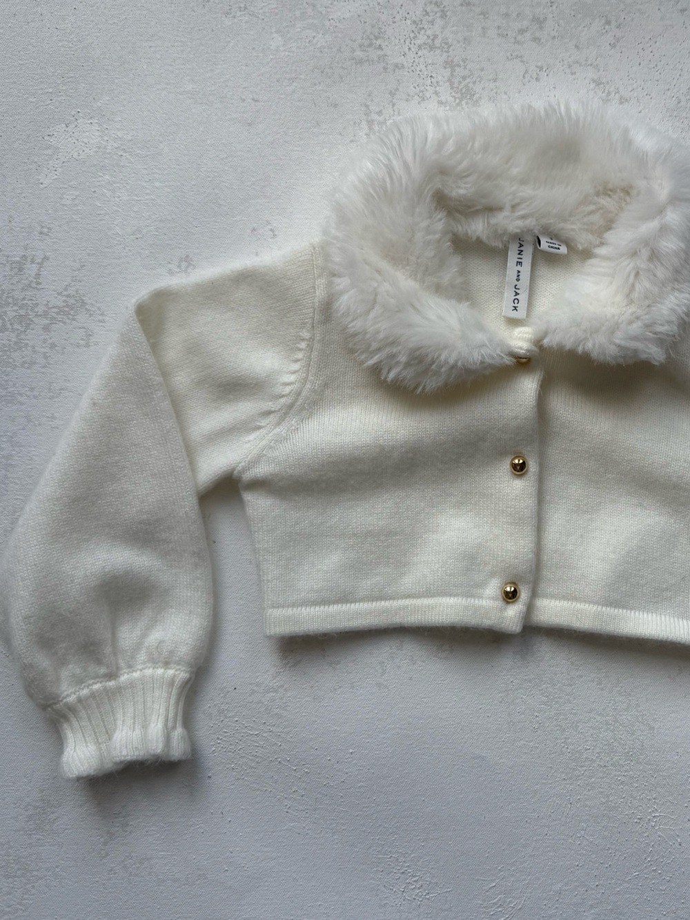 Janie and Jack Ivory Faux Fur Collar Cardigan – Size 3